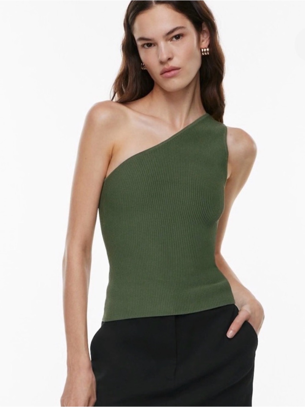 Babaton Olive Green One-Shoulder Ribbed Tank Top
